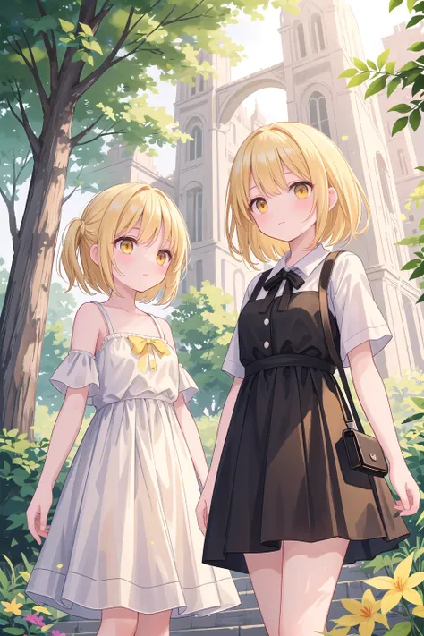 (masterpiece), nature, light particles, 2girls, medium hair, blonde hair, yellow eyes