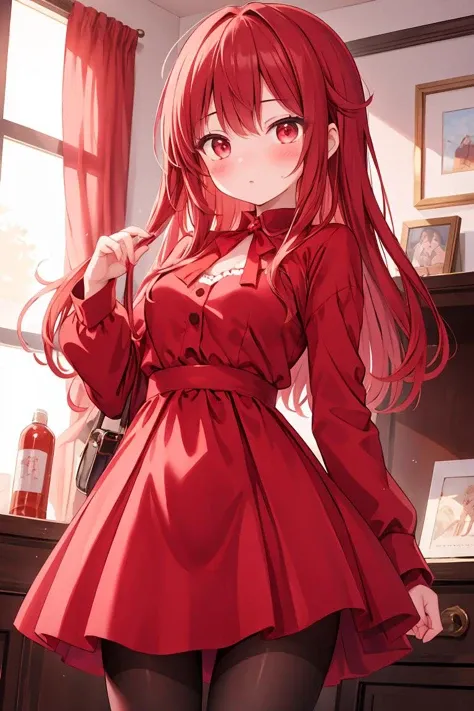 (masterpiece, best quality), 1girl, red dress, pantyhose, cute face, blush,