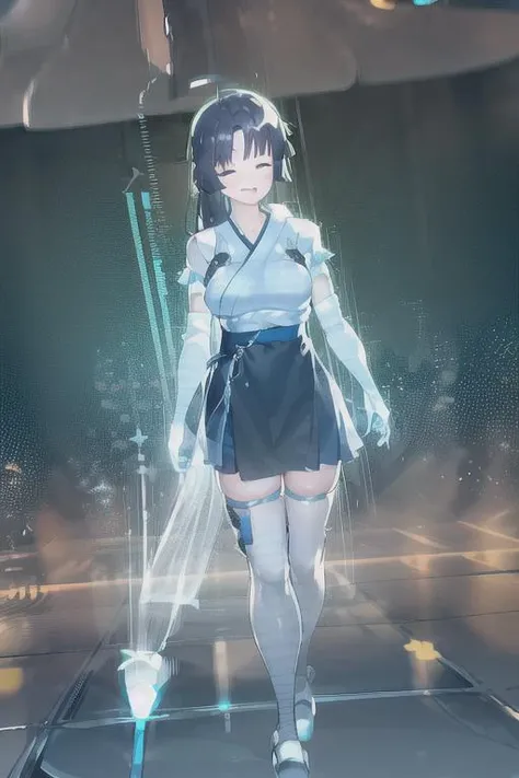 masterpiece, best quality, absurdres, perfect anatomy, 1girl, solo, ShouhouBase, low-tied long hair, kimono, hakama skirt, white shirt, black skirt, striped thighhighs, dynamic pose, smile, huge breasts, black hair, , <lora:Shouhou:0.8> AS-Adult, <lora:Hologram:1.5> (((HologramCzar, hologram, translucent, translucent body, chromatic aberration, glowing, blue theme, outline glow, blue monochrome, hologram projector),))