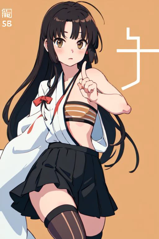 masterpiece, best quality, absurdres, perfect anatomy, 1girl, solo, ShouhouBase, low-tied long hair, hadanugi dousa, kimono, hakama skirt, black skirt, bandeau, striped thighhighs, <lora:Shouhou:1>, <lora:koi-dance:1> koi dance solo, koi dance duo, index finger raised,