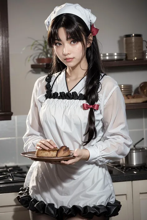 (realistic:1.3), finely detailed, quality, rembrandt lighting, (masterpiece:1.2), (photorealistic:1.2), (best quality), (detailed skin:1.3), (intricate details), dramatic, ray tracing, 1girl, Shouhou, 21 years old, detailed skin texture, (blush:0.5), (goosebumps:0.5), subsurface scattering, smiling, medium breasts, low-tied long hair, ribbon, bangs, hair between eyes, ShouhouApron, kappougi, long sleeves, frilled apron, black skirt, cowboy shot, (bright sunny day), <lora:Shouhou:1>