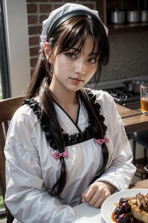 (realistic:1.3), finely detailed, quality, rembrandt lighting, (masterpiece:1.2), (photorealistic:1.2), (best quality), (detailed skin:1.3), (intricate details), dramatic, ray tracing, 1girl, Shouhou, 21 years old, detailed skin texture, (blush:0.5), (goosebumps:0.5), subsurface scattering, smiling, medium breasts, low-tied long hair, ribbon, bangs, hair between eyes, ShouhouApron, kappougi, long sleeves, frilled apron, black skirt, sitting, pov across table, lots of plates of food on table, (bright sunny day, kitchen table), <lora:Shouhou:1>