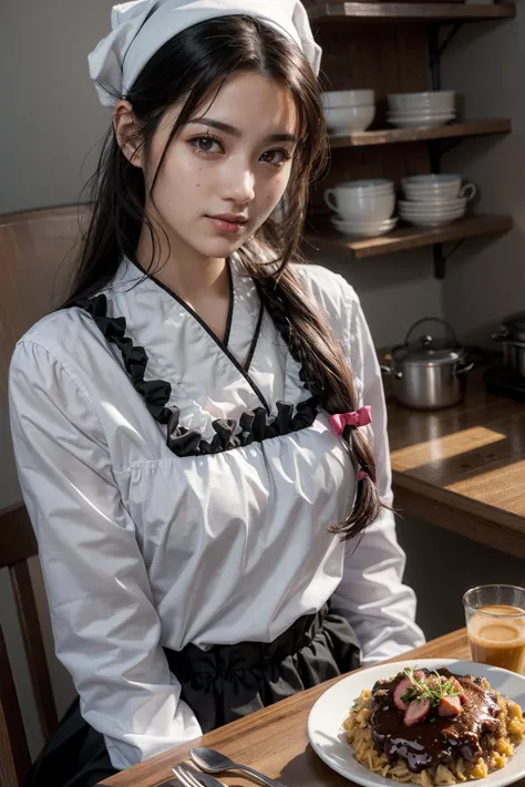 (realistic:1.3), finely detailed, quality, rembrandt lighting, (masterpiece:1.2), (photorealistic:1.2), (best quality), (detailed skin:1.3), (intricate details), dramatic, ray tracing, 1girl, Shouhou, 21 years old, detailed skin texture, (blush:0.5), (goosebumps:0.5), subsurface scattering, smiling, medium breasts, low-tied long hair, ribbon, bangs, hair between eyes, ShouhouApron, kappougi, long sleeves, frilled apron, black skirt, sitting, pov across table, lots of plates of food on table, (bright sunny day, kitchen table), <lora:Shouhou:1>