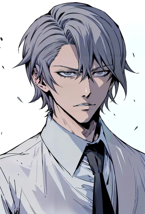 (masterpiece, top quality, best quality, official art:1.2, detailed:1.2)(original design:1.3),(consistent outfit:1.2),1boy, grey hair, short hair, 1boy, collared shirt, face, male focus, necktie, shirt, simple background, solo, white background (muscular:0.7), white background,<lora:lcm-lora-sdv1-5 :1> , <lora:Noblessev2:1>