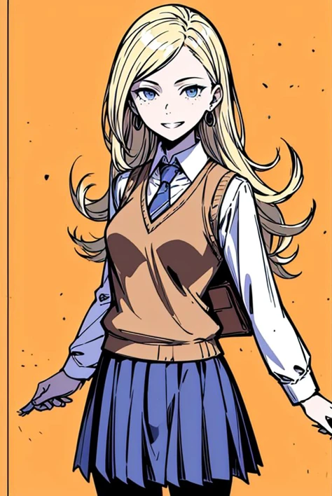 (masterpiece, top quality, best quality, official art:1.2, detailed:1.2)(original design:1.3),(consistent outfit:1.2)1girl,luna lovegood,((big smile)), ((dimples)),blonde hair, blue eyes, earrings, freckles, looking at viewer, necktie, pantyhose, pleated skirt, ravenclaw school uniform, shirt, skirt, smile, solo, sweater vest, vest, white shirt, <lora:luna1:1>,<lora:lcm-lora-sdv1-5 :1> , (<lora:Noblesse:1.2>)