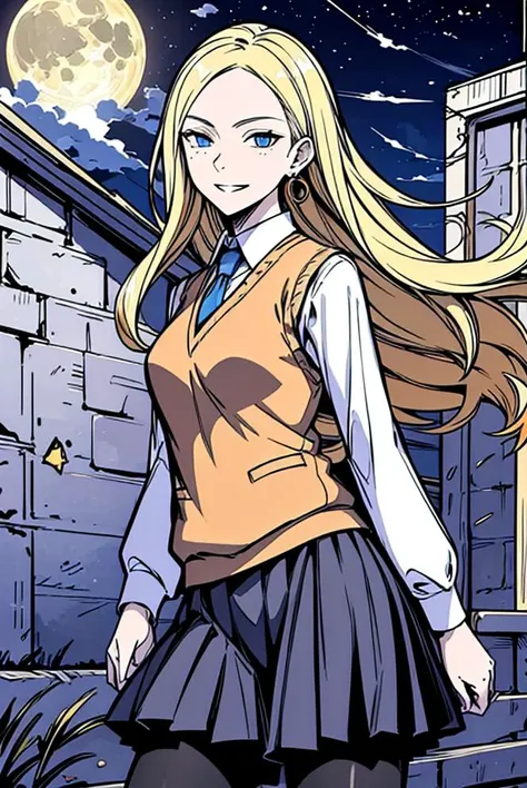 (masterpiece, top quality, best quality, official art:1.2, detailed:1.2)(original design:1.3),(consistent outfit:1.2)1girl,luna lovegood,((big smile)), ((dimples)),blonde hair, blue eyes, earrings, freckles, looking at viewer, necktie, pantyhose, pleated skirt, ravenclaw school uniform, shirt, skirt, smile, solo, sweater vest, vest, white shirt, <lora:luna1:1>,<lora:lcm-lora-sdv1-5 :1> , (<lora:Noblesse:1.2>)