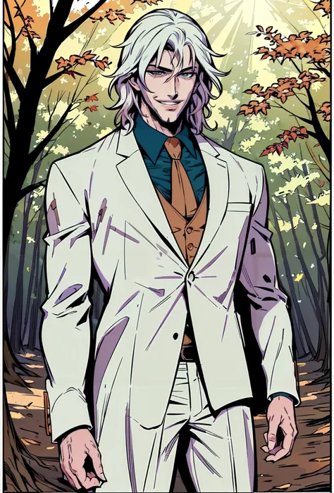 ((masterpiece, best quality:1.2),(inked original-art:1.2),(lineart:1.31)
1boy, adult, tall muscular, handsome, finely detailed eyes, intricate details, suit, white coat, forest, smile, outdoor, autumn, sunlight, sunshine<lora:lcm-lora-sdv1-5 :1> , <lora:Noblessev2:1>