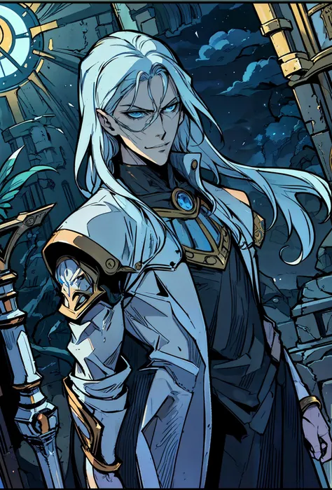 (masterpiece, top quality, best quality, official art:1.2, detailed:1.2)(original design:1.3),(consistent outfit:1.2),1boy, handsome, tall muscular guy, long white sleek bob hair, finely detailed blue eyes, portrait, looking at viewer, solo, half shot, detailed background, detailed face, (wearing ornate golden heavy armor), smirk, temple indoors, stained glass windows, night, moonlight, staff of restoration, holy, complex background, stuff, fog, (dutch angle), closed mouth,<lora:lcm-lora-sdv1-5 :1> , <lora:Noblessev2:1>