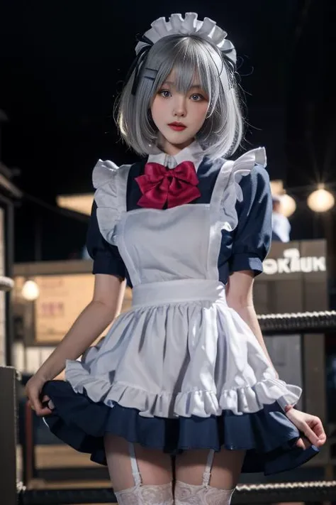(8K, top-quality, masterpiece:1.2), (reallistic, Photorealsitic:1.37), Super Detail, One girl, (Highly detailed), (beautifully detailed eyes), (of the highest quality), (super detailed ), (masterpiece), (Detailed face), 20yr old, 1 girl, ((pink hair,long hair)), ((silver streaked color hair:1.5)), medium breasts, clothed, Perfect Lighting, BREAK, (black bodysuit:1.4), (white and blue checkered maid dress:1.5), (white lace collar and cuffs:1.3), (white frilly apron:1.3), (white headband:1.2), (black choker:1.2), (silver earrings:1.2), (white knee socks:1.2), (black loafers:1.2), BRAKE, (upper body to knee range:1.3), (side ponytail on right shoulder:1.3), (smiling at camera:1.3), (right hand pulling pocket of apron:1.3), (left hand lifting skirt hem:1.3), (white and blue checkered wallpaper and curtain room:1.3), (natural light:1.3)