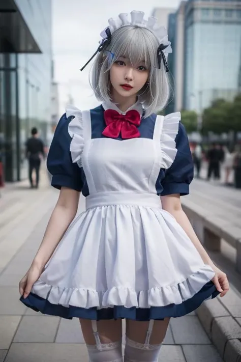 ultra-detailed,highly detailed,best quality,masterpiece,illustration,realistic,
1girl, tobiichi origami, solo,  cosplay,
maid, maid headdress, maid apron,white thighhighs, hair ornament,hairclip,white frilled apron,blue dress,ribbon,garter straps,bow, hair ribbon, short sleeves, ascot, alternate costume, lace trim,red bowtie,
blue eyes,
bangs, hair between eyes,short hair, grey hair,
 skirt hold, 
photo inset, photo background, reference inset,blurry background, blurry, outdoors,
looking at viewer,   male focus,
<lora:tobiichi origami_v1_07:0.7>