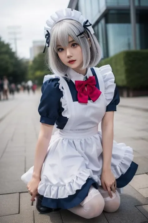 ultra-detailed,highly detailed,best quality,masterpiece,illustration,realistic,
1girl, tobiichi origami, solo, cosplay,
maid, maid headdress, maid apron,white thighhighs, hair ornament,hairclip,white frilled apron,blue dress,ribbon,garter straps,bow, hair ribbon, short sleeves, ascot, alternate costume, lace trim,red bowtie,
blue eyes,
bangs, hair between eyes,short hair, grey hair,
crossdressing, kneeling,full body,all fours,
photo inset, photo background, reference inset,blurry background, blurry, outdoors,
looking at viewer, male focus,
<lora:tobiichi origami_v1_07:0.7>