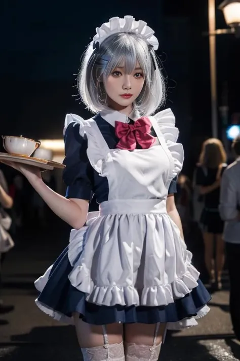 ultra-detailed,highly detailed,best quality,masterpiece,illustration,realistic,
1girl, tobiichi origami, solo,  cosplay,
maid, maid headdress, maid apron,white thighhighs, hair ornament,hairclip,white frilled apron,blue dress,ribbon,garter straps,bow, hair ribbon, short sleeves, ascot, alternate costume, lace trim,red bowtie,
blue eyes,
bangs, hair between eyes,short hair, grey hair,
photo inset, photo background, reference inset,blurry background, blurry, outdoors, night, city lights, 
looking at viewer,   male focus,
<lora:tobiichi origami_v1_07:0.7>