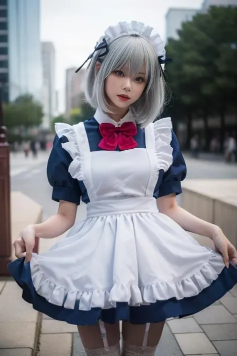 ultra-detailed,highly detailed,best quality,masterpiece,illustration,realistic,
1girl, tobiichi origami, solo, cosplay,
maid, maid headdress, maid apron,white thighhighs, hair ornament,hairclip,white frilled apron,blue dress,ribbon,garter straps,bow, hair ribbon, short sleeves, ascot, alternate costume, lace trim, bowtie,
blue eyes,
bangs, hair between eyes,short hair, grey hair,
crossdressing, kneeling,full body,all fours,
photo inset, photo background, reference inset,blurry background, blurry, outdoors,
looking at viewer, male focus,
<lora:tobiichi origami_v1_01:1.0>