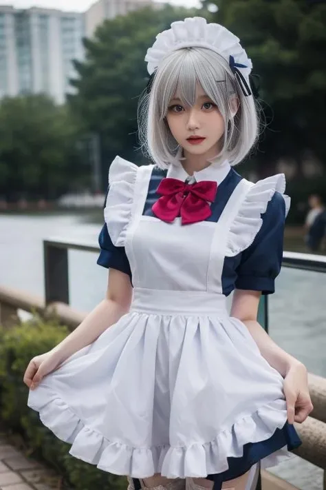 ultra-detailed,highly detailed,best quality,masterpiece,illustration,realistic,
1girl, tobiichi origami, solo, cosplay,
maid, maid headdress, maid apron,white thighhighs, hair ornament,hairclip,white frilled apron,blue dress,ribbon,garter straps,bow, hair ribbon, short sleeves, ascot, alternate costume, lace trim,red bowtie,
blue eyes,
bangs, hair between eyes,short hair, grey hair,
crossdressing, kneeling,full body,all fours,
photo inset, photo background, reference inset,blurry background, blurry, outdoors,
looking at viewer, male focus,
<lora:tobiichi origami_v1_07:0.7>