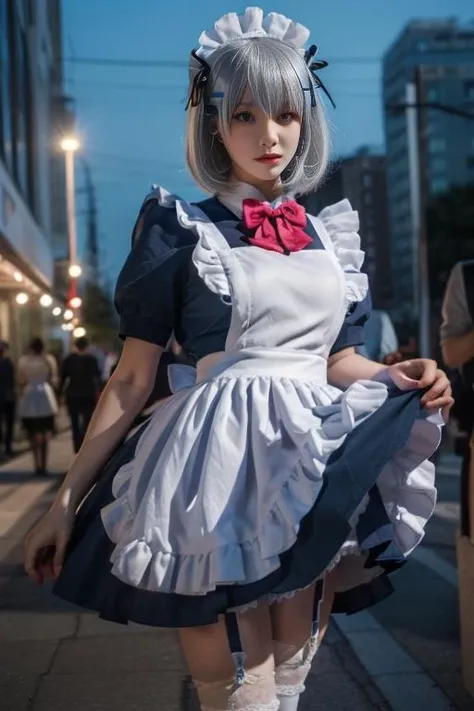 ultra-detailed,highly detailed,best quality,masterpiece,illustration,realistic,
1girl, tobiichi origami, solo, cosplay,
maid, maid headdress, maid apron,white thighhighs, hair ornament,hairclip,white frilled apron,blue dress,ribbon,garter straps,bow, hair ribbon, short sleeves, ascot, alternate costume, lace trim,red bowtie,
blue eyes,
bangs, hair between eyes,short hair, grey hair,
photo inset, photo background, reference inset,blurry background, blurry, outdoors, night, city lights,
looking at viewer, male focus,
<lora:tobiichi origami_v1_07:0.7>