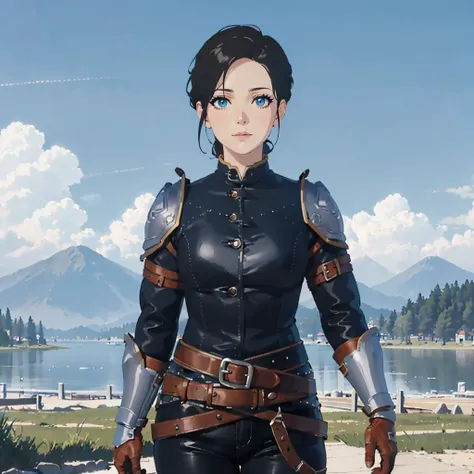 <lora:Degen-Syanna:0.5>,<lora:add_detail:-1.5>,<lora:boldline:-0.4>,<lora:noline:0.4>,<lora:flatBG:-1>,anime coloring,anime style,
syanna,
1girl,solo,blue eyes,grey eyes,breasts,black jacket,long sleeves,armor,shoulder armor,leather gloves,brown gloves,leather,belt,black pants,
sky,mountain,lake,natural light,