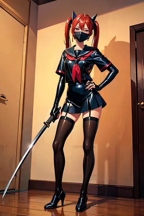 ultrasharp, best quality, quality, masterpiece, phtotorealistic, 1girl, solo, (full body:1.4), a redhead long hair schoolgirl standing with unsheathed katana in right hand, indoors, from front, long legs, slender, redhead, long hair, twintails, hair between eyes, bangs, (facemask, white facemask, covered face:1.2), holding weapon, wielding sword, (wielding katana:1.3), katana, left hand on hip, serafuku, <lora:bserafuku:0.5>, (black serafuku:1.2), black skirt, black dress, latex skirt, latex dress, latex clothes, skin tight, latex, short skirt, pleated skirt, zettai ryouiki, (black legwear, black thighhighs:1.2), garter straps, black garterstraps, (high heels:1.5), block high heels, (loafers:1.4), high heel loafers, <lora:add_detail:0.3>,
head tilt, standing, (legs apart),