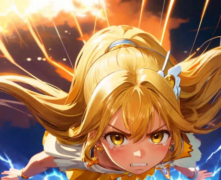 masterpiece, best quality, high resolution, ,1girl,cute face,round face,
<lora:MagicLoRA3D:0.2>, <lyco:GoodHands-beta2:1>, <lora:add_detail:0.4>,<lora:locon_cure_peace_01:1>cure peace,big wing ((hair ornament:1)), wrist cuffs, yellow bike shorts, shorts under skirt, white boots,portrait,((face:1.2)),((close up)),((looking up:1.5)),((clenched teeth:1.2)),arms up,((thunder efect:1.2)),many tears, ((plasma efect:1.2)), ((angry:1.2)),froating spark efect.((from above:1.5))arms strech,fly in the sky