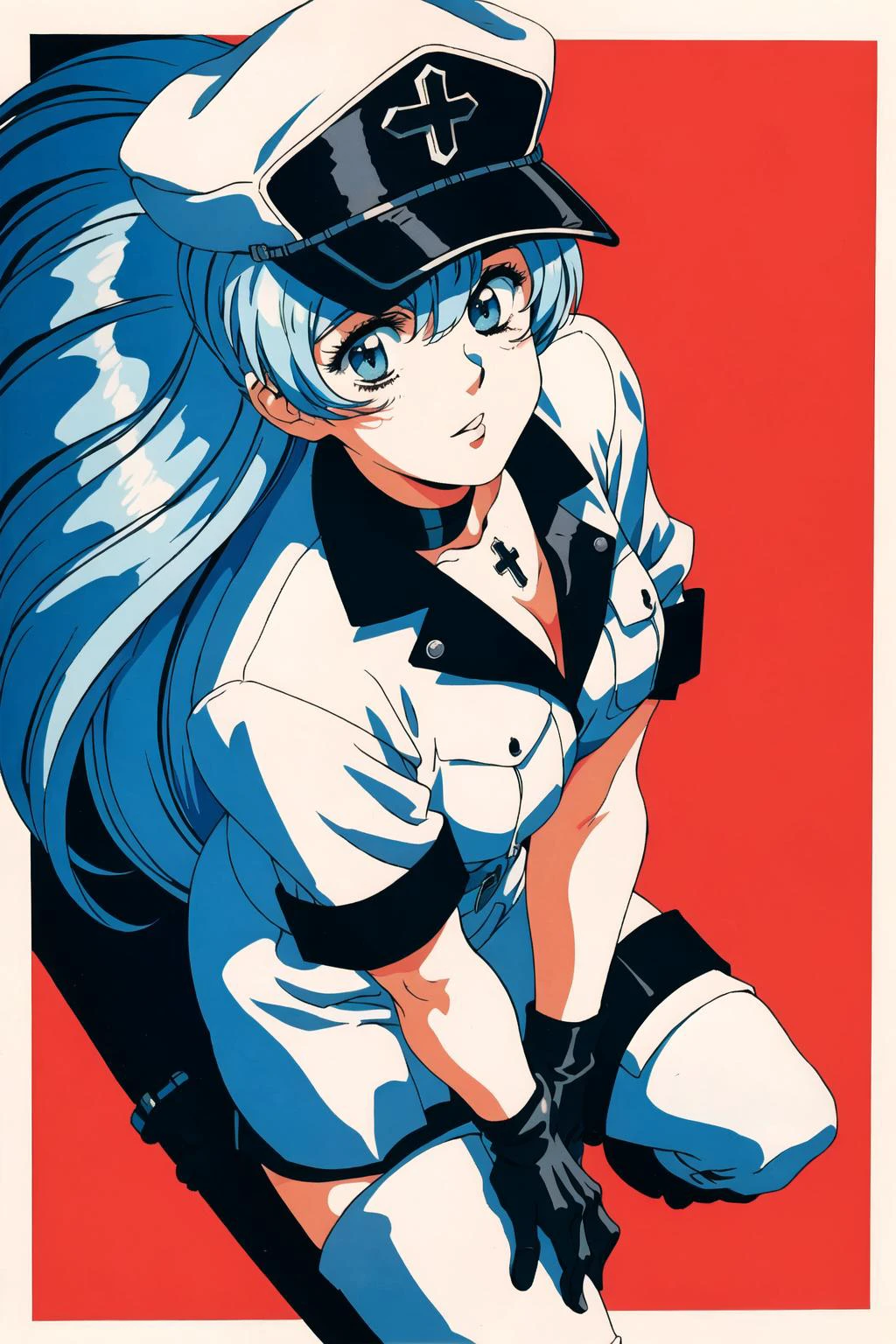 urushihara satoshi, 1990s\(style\), retro art, retro artstyle, extremely detailed, illustration, best quality, masterpiece, cowboy shot, from above,looking at the viewer, 1girl, solo, <lora:Uruv1:0.6>
esdeath1 <lora:esdeath1:0.7>, Cute Face, very_long_hair, light-blue hair, blue eyes, medium breasts, white military uniform, over-knee boots, white long boots, high heels, military cap, full-arm-gloves, black gloves, black_cross_ornaments, black collar, proportional body,