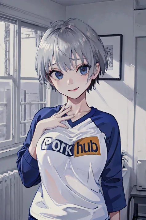 pornhub <lyco:Saya-pornhub(clothes):1.0>uh1, shirt, raglan sleeves, romaji text, clothes writing, long sleeves, fang, large breasts,grey hair,
(best quality, masterpiece, RAW photo,ultra-detailed:1.2), <lyco:GoodHands-beta2:1.0>,1girl,solo,looking at viewer,  <lora:uzaki_hana:0.6>  bust shot,