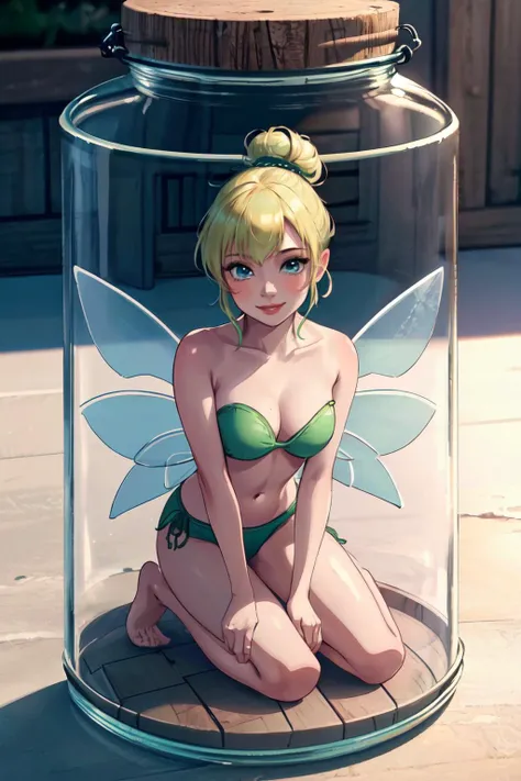 wide shot, ((best quality)), ((highly detailed)), masterpiece, (detailed eyes, deep eyes), (1girl), dynamic angle, cowboy shot, tinkerbell, woman, smile, ((short blonde hair)bun ), ((blue eyes)),firm breasts, realistic proportions, curvy body, lipstick, curvy hips, subtly visible breasts, day lighting, ((petite body)),fairy wings, ((nude)), butt, kneeling, visible pussy, bathing in a pond, silhouette