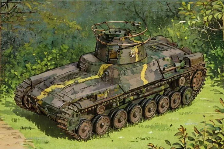 (Highest quality:1.1),(Super detailed:1.1),(Beautiful illustration:1.1),
type97middletankoldturret,chihatan_emblem,ground vehicle,automobile,military vehicle,tank,military,vehicle focus,caterpillar,outdoors,camouflage,bright colors,on lush grass,
<lora:97shikikyuV1:0.7>,
sketch,bright colors,outdoors,old camouflage tank abandoned in the jungle. Requiem for a forgotten hero,rust on the body,dilapidated,dusty,holes in the body,grass and flowers growing here and there on the body,relic of the past,unusable,detached caterpillar,ferns,vines wrapped around the caterpillar,pine trees,
The art style is of high quality.,<lora:Drawing1:0.3>,drawing,style by NTY,<lora:detailed_notrigger:0.7>,