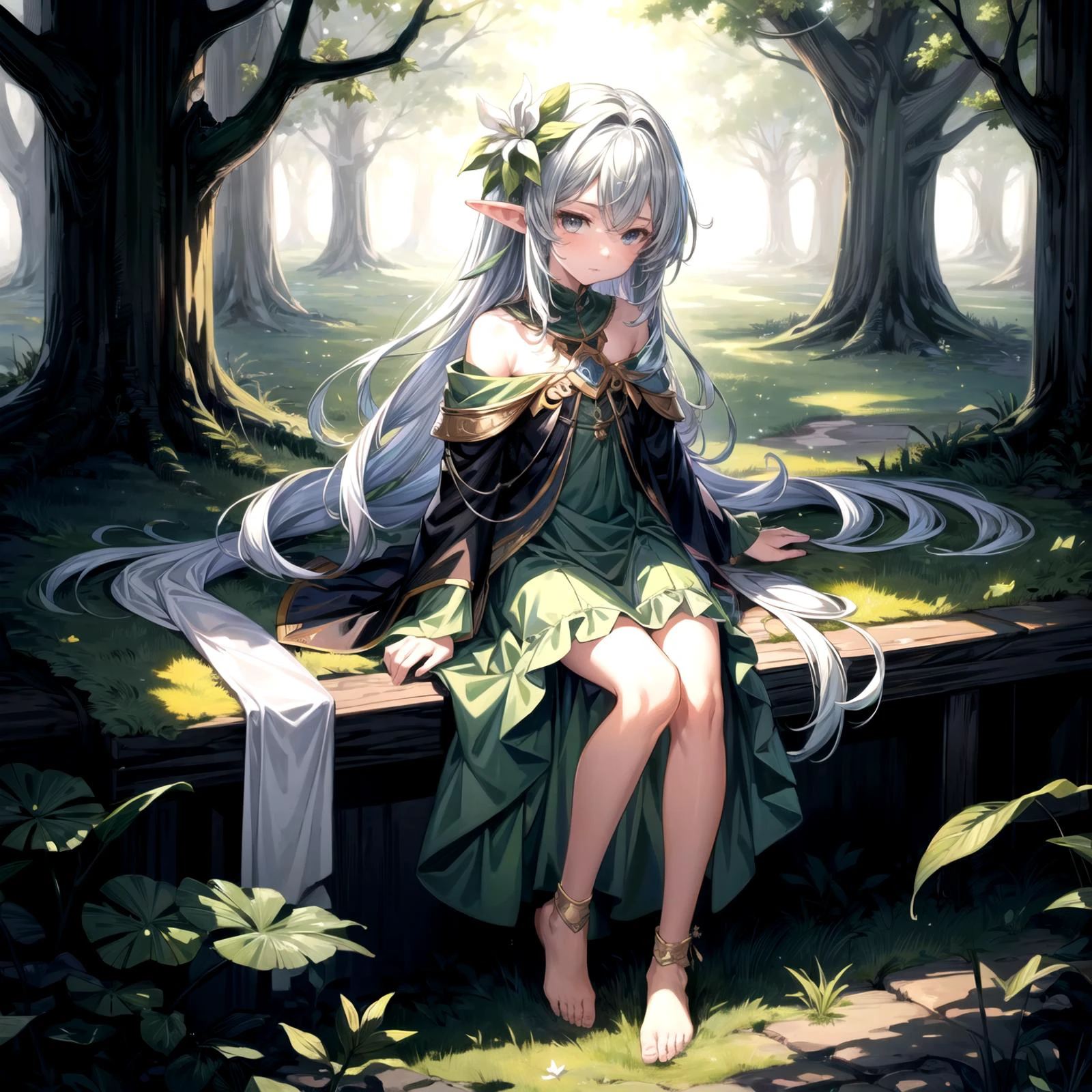 (masterpiece,best quality,illustration,official art:1.05),(tachi-e:1.12),full body,sitting,looking at viewer,solo,1girl,elf girl,long hair,green hair,[green|blue] eyes,dress,white hair flower,hair ornament,(age8),(),wind,leaf,tree,forest,
 <lora:add_detail:1> <lora:Char-HonkaiSR-Silver_Wolf:1>