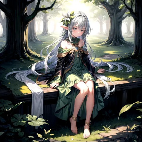 (masterpiece,best quality,illustration,official art:1.05),(tachi-e:1.12),full body,sitting,looking at viewer,solo,1girl,elf girl,long hair,green hair,[green|blue] eyes,dress,white hair flower,hair ornament,(age8),(child),wind,leaf,tree,forest,
 <lora:add_detail:1> <lora:Char-HonkaiSR-Silver_Wolf:1>