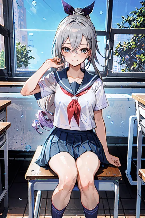 (masterpiece, best quality, ultra-detailed, beautiful detailed eyes:1.2), nice hand, perfect hands, <lyco:GoodHands-beta2:1.0>, 1girl, silver wolf \(honkai: star rail\), drill ponytail, solo, serafuku, sailor collar, pleated skirt, sitting on desk, window, classroom, loose socks, looking at viewer, evil smile