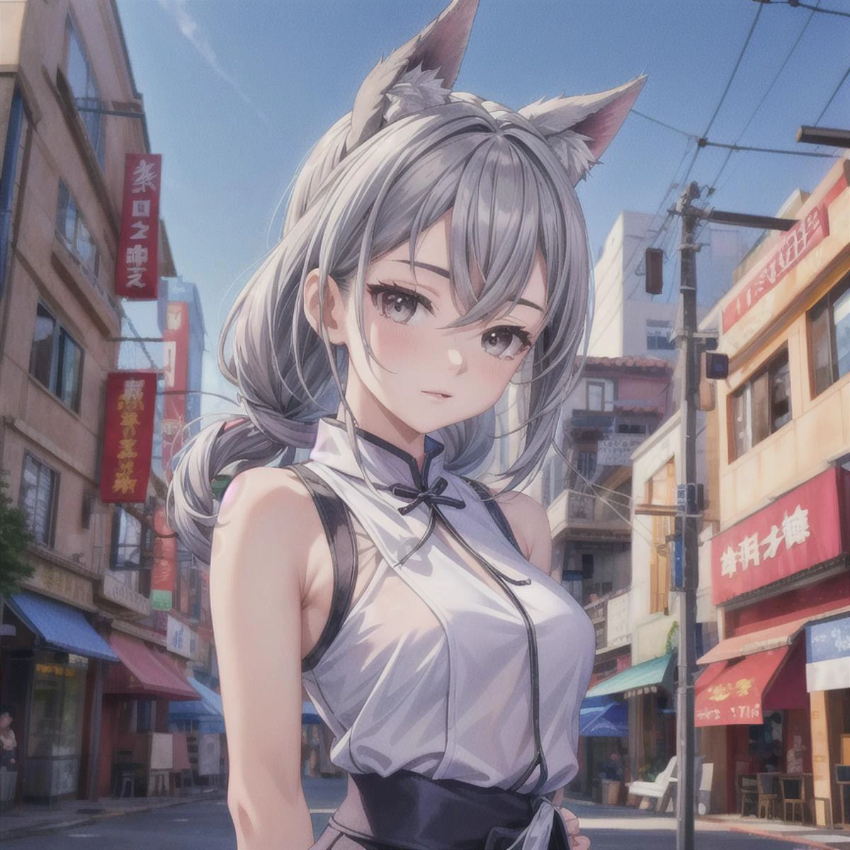 masterpiece, best quality, SilverwolfV5, 1girl, solo, looking at viewer,best china town background,hands behind your back,1girl,((front body))
<lora:add_detail:1> <lora:Char-HonkaiSR-Silver_Wolf:1> , anime