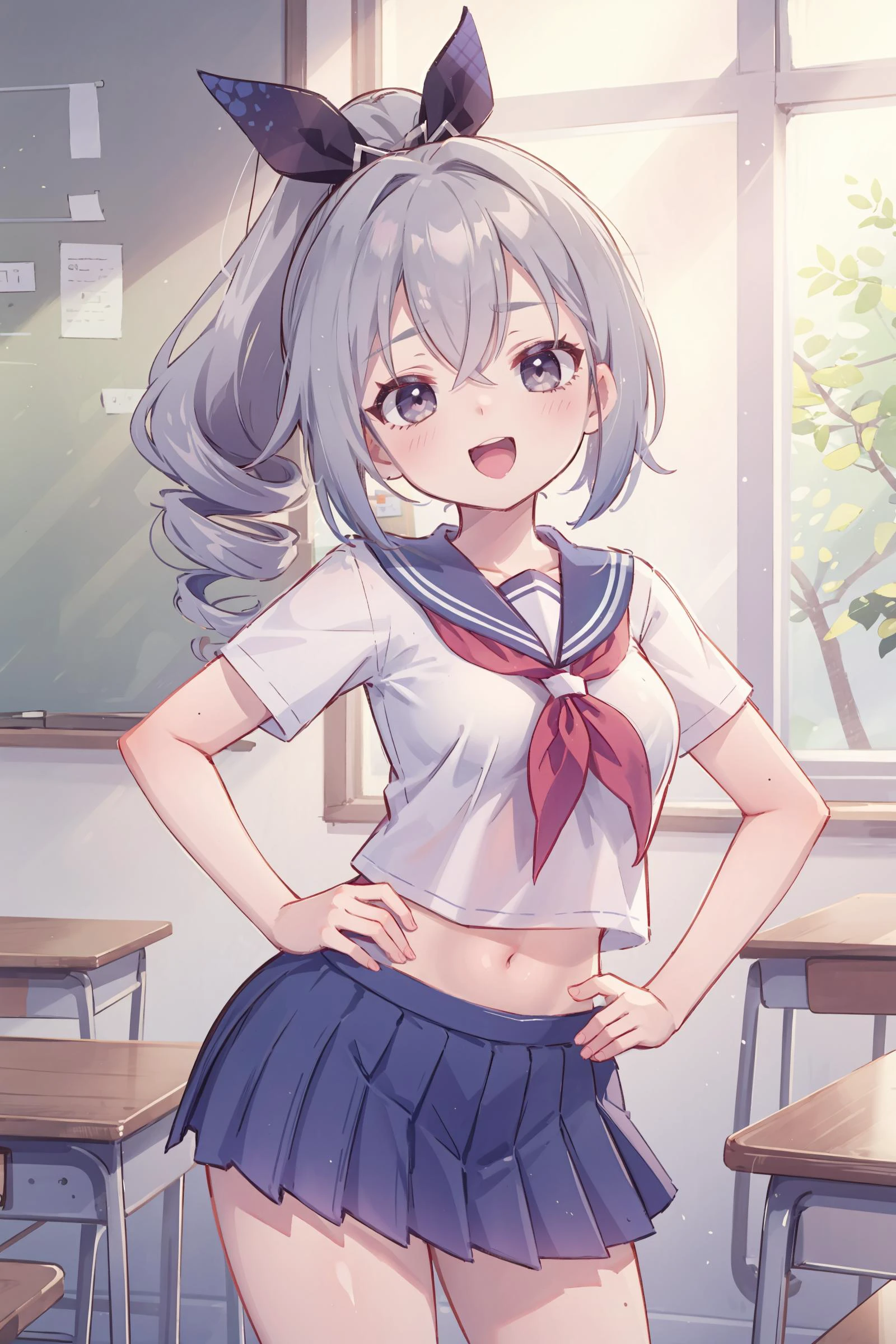 1girl, silver wolf \(honkai: star rail\), small breasts, drill ponytail, serafuku, pleated skirt,cowboy shot, looking at viewer, <lora:Smug:0.8>, smug, open mouth, naughty face, hand on hip, classroom, indoors, depth of field