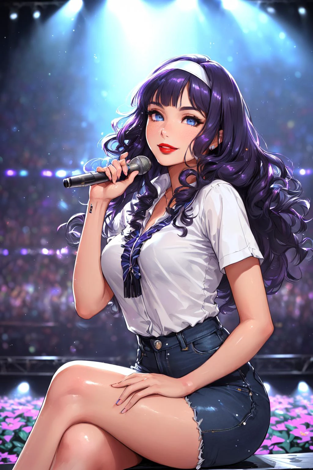 (Masterpiece, Best Quality:1.3), absurdres, (8k resolution), full body, full angle view, illustration, adult, beautiful, mature female, looking down, (shirt, print shirt, shorts, from below, (sitting, crossed legs, seductive smile, looking up, idol outfit, perfect female figure, (solo), striped, (detailed face, detailed eyes:1.2), wind lift, lipstick, shimmer, headband, curly hair, parted lips, purple hair, long hair, wavy hair. reflection, medium breasts, symmetrical, delicate features, sidelocks, ((fringe trim)), blue eyes, (shiny skin:1.2), hand up, light blush, ((cowboy shot)), (details:1.2), (depth of field),(beautiful detailed face), dark theme, high quality, sunlight, hyperrealistic, (extremely detailed), ((depth of field)), fantastic composition, indoors, (concert, stage lights), bloom:0.6, (highly detailed), floating particles