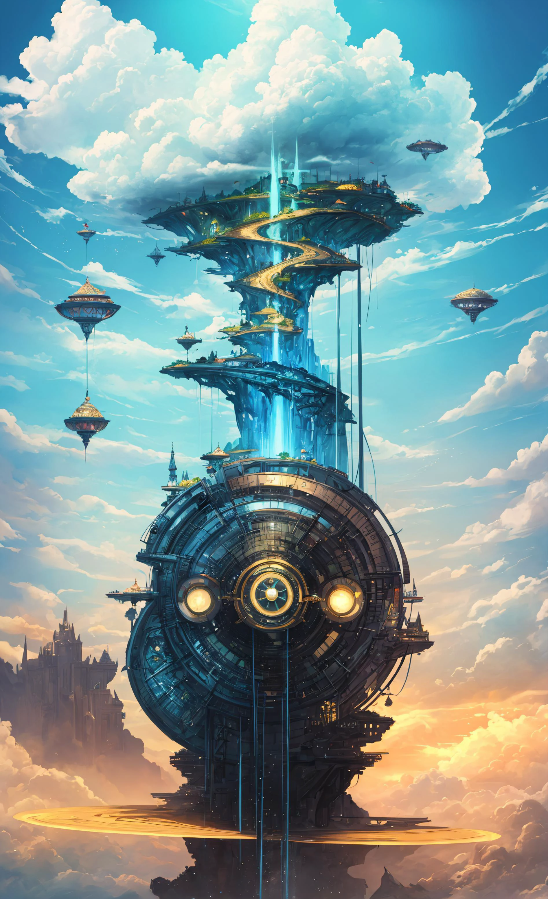 (Masterpiece, Best Quality:1.3), highly detailed, (8k resolution wallpaper), full view, cinematic, (2d), best illustration, fantasy art, (centered), cover, video game cover, retro artstyle, (solo), ((floating kingdom in the sky)), cloud, fantastic, epic, [particles:0.5], [waterfall:0.45], fantasy, blue sky, ((no humans)), fairytale, beautiful), nature, bloom, (natural lighting), perfect composition, (shallow depth of field), 85mm, ((extremely detailed)), [magical], from below, [iridescent:0.6], ((perfect composition)), otherworldly, (Colorful), (golden ratio:0.4), ((god light)), (science fiction), hyperrealistic, contemporary, (perfection)