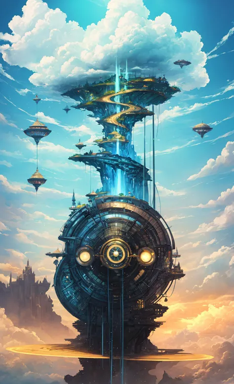 (Masterpiece, Best Quality:1.3), highly detailed, (8k resolution wallpaper), full view, cinematic, (2d), best illustration, fantasy art, (centered), cover, video game cover, retro artstyle, (solo), ((floating kingdom in the sky)), cloud, fantastic, epic, [particles:0.5], [waterfall:0.45], fantasy, blue sky, ((no humans)), fairytale, beautiful), nature, bloom, (natural lighting), perfect composition, (shallow depth of field), 85mm, ((extremely detailed)), [magical], from below, [iridescent:0.6], ((perfect composition)), otherworldly, (Colorful), (golden ratio:0.4), ((god light)), (science fiction), hyperrealistic, contemporary, (perfection)