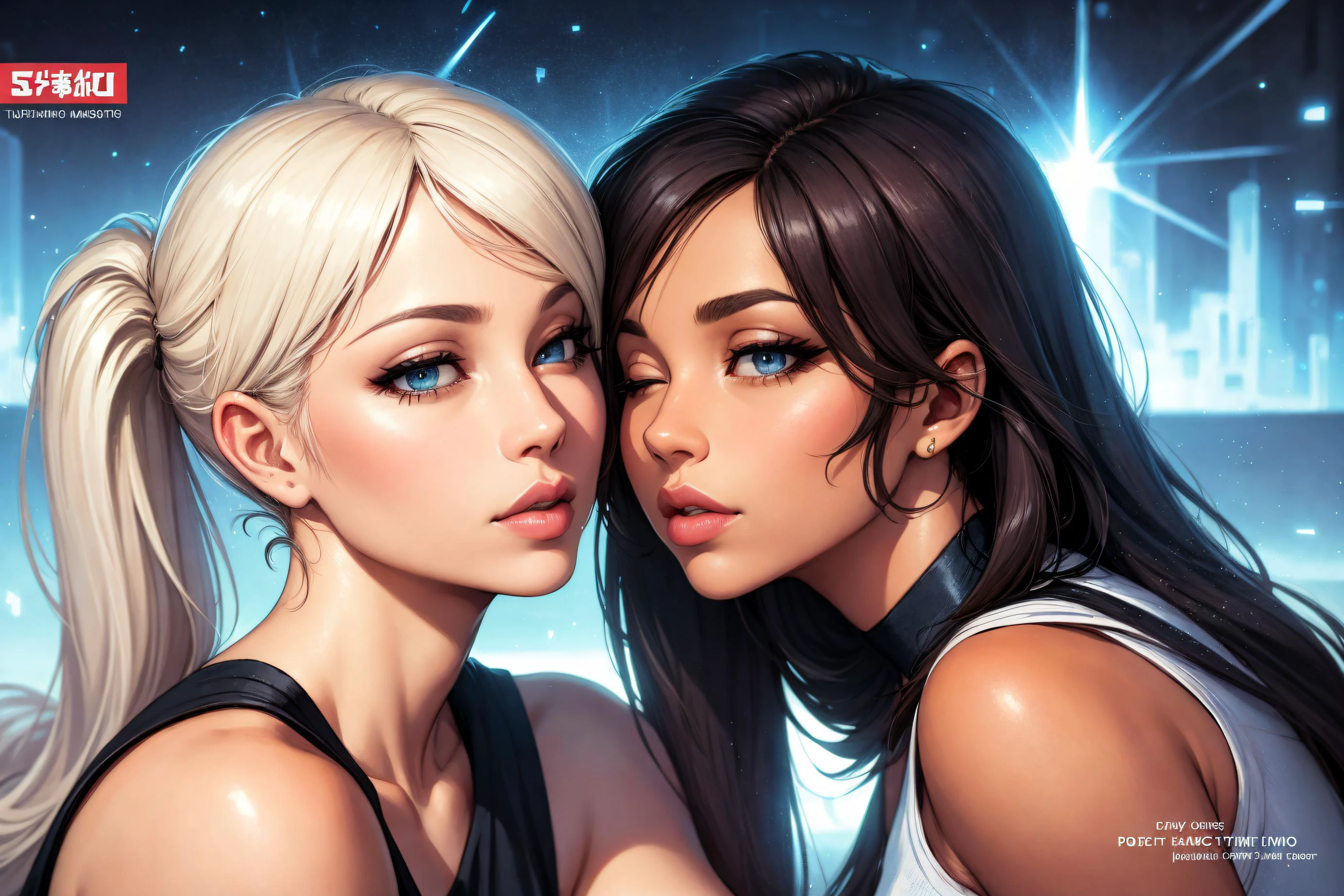 ( Best Quality), (Traditional Media), masterpiece, (ultra-detailed), perfect artwork, dynamic angle, Original, Manga, cover page, (clean), 2girls, fashion, aged up, solo, Highres, 2d, Masterpiece, portrait, illustration, mature female, woman, Milf, (perfect female figure:1.2), curvy, upper body, ((lips, nose, long face:1.3)), (tsurime), half-closed eyes, (beautiful and detailed eyes:1.2), low ponytail, long hair, crop top overhang, layered skirt, unicorn glade, light particles, deep (depth of field), rich colors