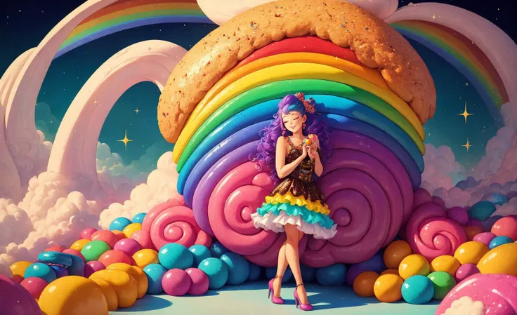 (Masterpiece, best quality:1.3), highly detailed, fantasy, <lora:Candyland-10:0.7>, 8k, candyland, dynamic,solo, 2d, (faux traditional media:1.2), illustration, candy print, upper teeth, updo, curls, pose,  full body, beautiful woman, head tilt, (hugging a giant gumball:1.1), lovely smile, closed eyes, excited, long hair, sidelocks, curls, (from side:1.1), looking down, facing ahead, (detailed eyes, detailed face), (candy clothing:1.1), frilled skirt, center frills, heels, (shiny),  (details), perfect, beautiful, dreamy, heart, colorful, vivid, cinematic, pinup:0.2, ultra-detailed, full background, [hyperrealistic:0.2], perfect hands, fantasy, (depth of field),  rainbow, syrup, cookie, macaron, chocolate bar, glitter, scenery, ((no humans)), drizzle, beautiful, (shiny:1.2), various colors, extremely detailed, (gradients), dripping, (glaze), bloom:0.2, shadow, ((food focus)), focus face, sharp focus, beads