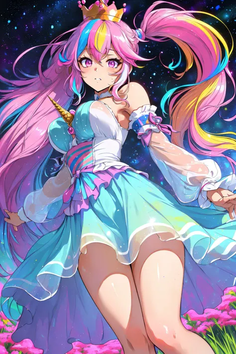 (Masterpiece, Best Quality), absurdres, (faux traditional Media:1.2), (8k resolution), (centered), ((thick lineart, outline)), illustration, 2d, (faux traditional media), (pastel colors), (Manga:1.2), (from below), (ultra-detailed portrait), cinematic scene, line of action, centered, feet out of frame, ^ ^, dreaming, balloon, unicorn, majestic, carnival outfit, elegant, floating, pink eyes, solo, facing viewer, shiny, dynamic, (gradients), ccontrast:0.5, (gradients), (sidelocks:1.2), very long hair, (low ponytail:1.3), multicolored dress, large breasts, flowers, twilight, (iridescent), see-through, striped,(mini crown:1.1), long sleeves, (((multicolored theme:1.2)), colorful, focus face, sharp focus, depth of field, (soft lighting:1.1), graphite \(medium\), (8k)