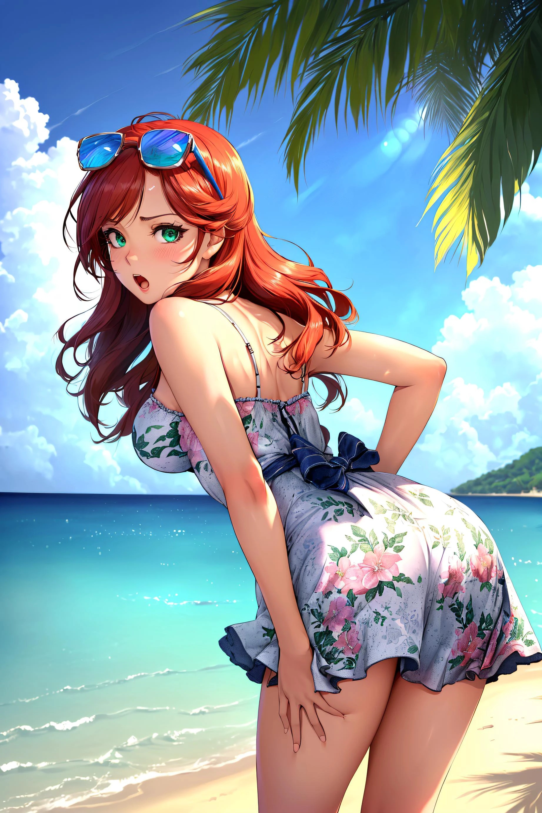 (Masterpiece, Best Quality:1.3), absurdres, (8k resolution), full body, full angle view, illustration, dutch angle, adult, beautiful, mature female, looking at viewer, (summer dress), floral print, from above, (standing), bent over, open mouth, (:o, !, scared:1.2), (from behind, looking back), ass, sexy, perfect female figure, (solo), striped, (detailed face, detailed eyes:1.2), bow, red hair, long hair, wavy hair. (eyewear on head:1.2), reflection, medium breasts, symmetrical, delicate features, sidelocks, ((fringe trim)), green eyes, (shiny skin:1.2), light blush, ((cowboy shot)), (details:1.2), (depth of field),(beautiful detailed face), high quality, tropical, beach, sunlight, hyperrealistic, (extremely detailed), ((depth of field)), fantastic composition, (shadow), sky, cloud, (highly detailed), floating particles