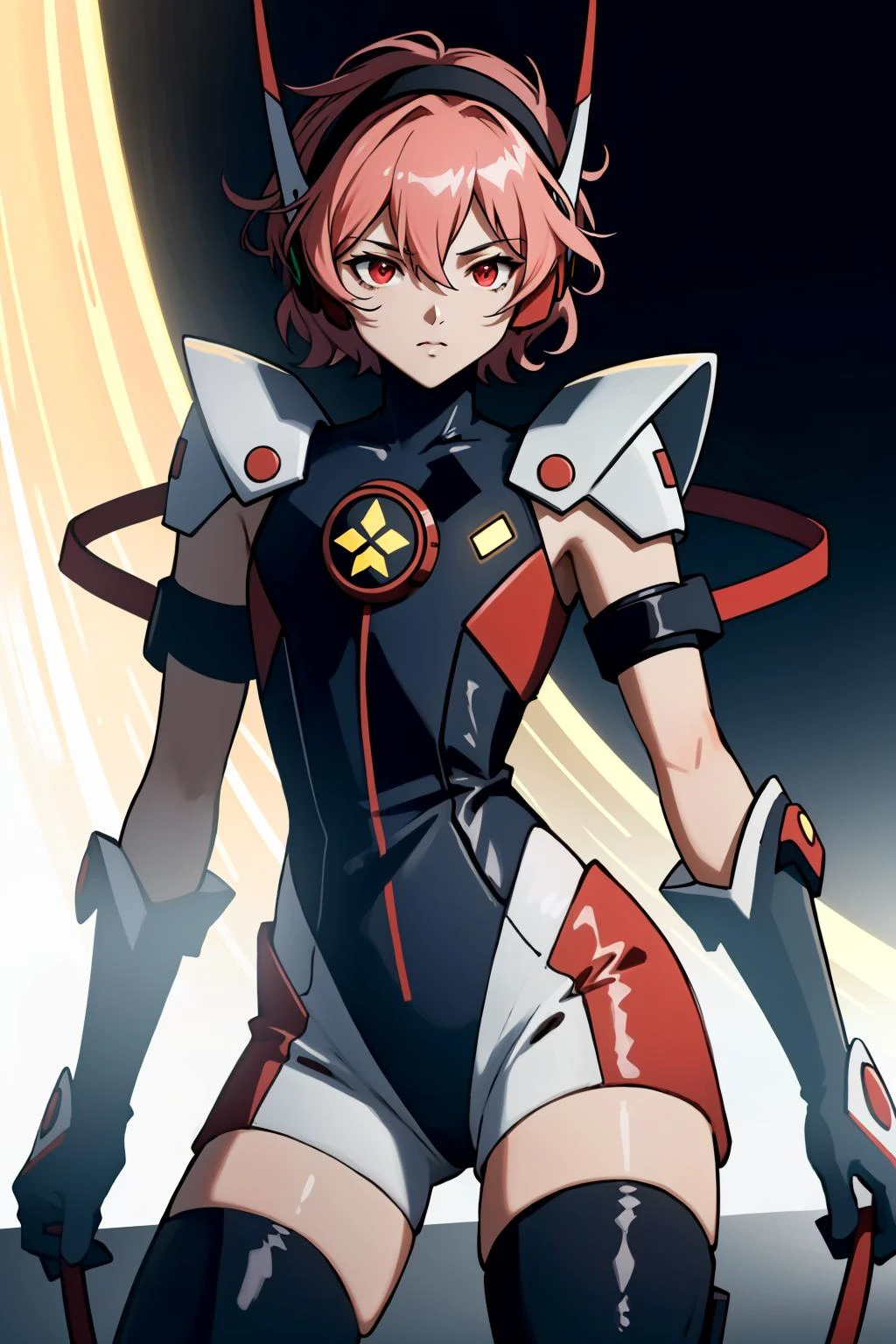 (masterpiece, best quality), absurdres, ultra-detailed, cowboy shot, 8k, <lora:Angelic_Layer-03:0.75>, hikaru1, layersuit, red eyes, looking at viewer, highly detailed, volumetric lighting, bloom, black background, (dark theme, dark room)