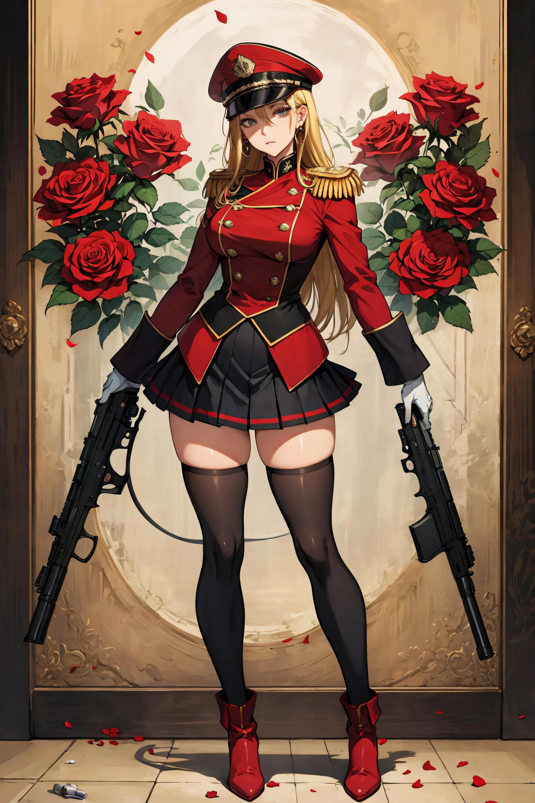 <lora:Skirt_Tail-V2:0.7>, (Masterpiece, Best Quality), (Traditional Media:1.2), (centered), illustration, (limited palette:0.8), (pastel colors), absurdres, (Manga:1.2), (8k resolution), (ultra-detailed portrait), cinematic scene, centered, skirt_tail, mature female, woman, adult, aged up, large breasts, solo, frills, dress, dynamic, standing, (full body:1.2), (Detailed face, detailed eyes:1.2), sharp focus, (solo), looking at viewer, skirt, blonde hair, thighhighs, gloves, long sleeves, hat, holding, jewelry, weapon, flower, earrings, boots, frills, black thighhighs, white gloves, holding weapon, (uniform), (red roses:1.2), gun, military, military uniform, gem, red footwear, holding gun, peaked cap, rifle, handgun, dual wielding, epaulettes, bullet, shell casing, cartridge