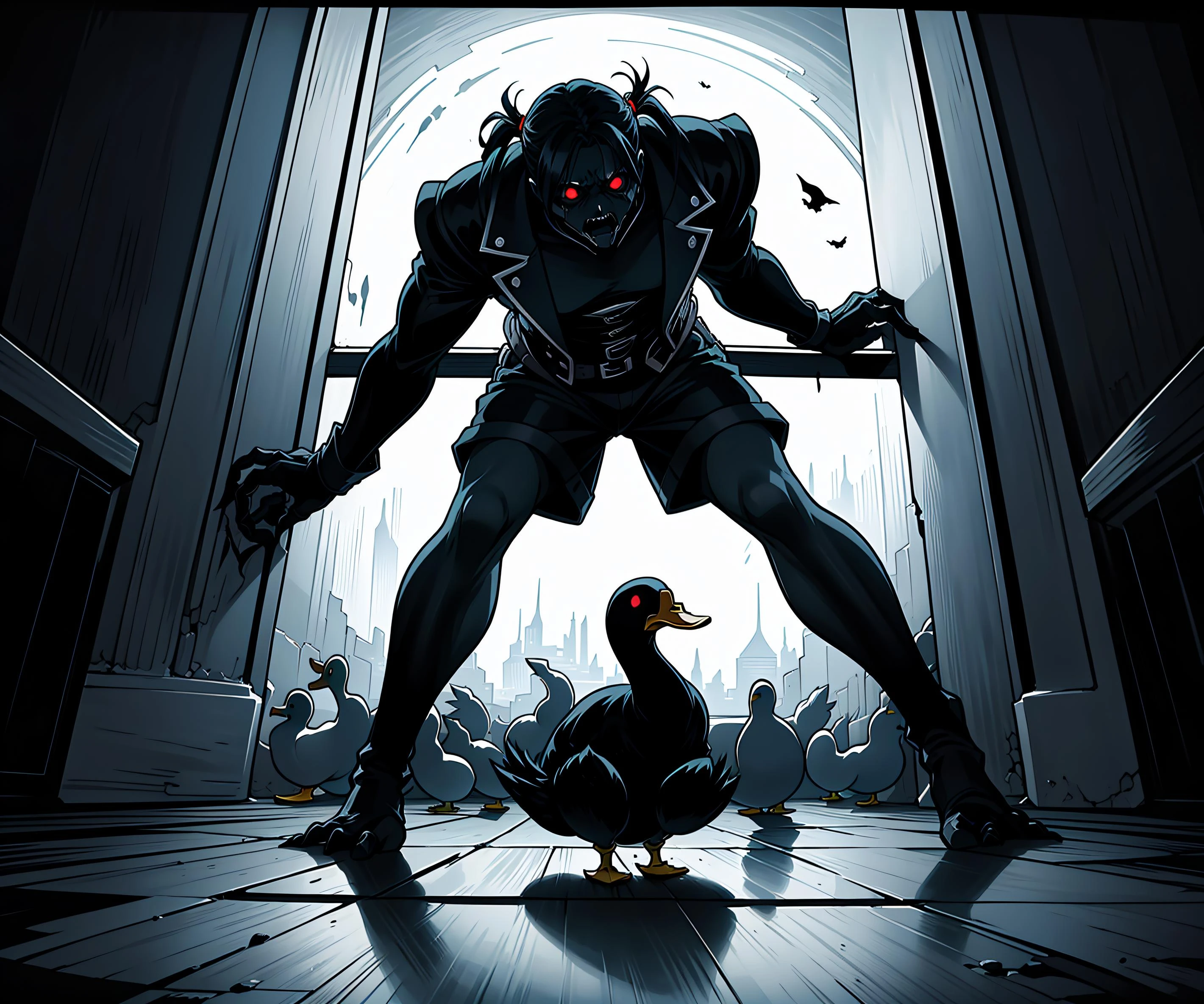 faux traditional media, ultra-detailed, scary, dark room, horror, ominous, dynamic angle, full angle view, dutch angle, (duck in foreground:1.2), cowering, sitting, on floor, against wall, twintails, beautiful, black hair, ominous, nightmare, 1girl in background, :o, (depth of field), (shadow), corner wall, victorian, expressive, silhouette, dark, !, sharp focus, depth of field, volumetric lighting, ((stylish, vintage)), (pinup:0.5), (shorts:1.2), studio lighting, hands up,(( terrified, shocked, surprised)), (night, dark theme, dark room:1.5), vignette, (pitch black), foreboding, ((trapped)), 18th century, ((((creepy))))