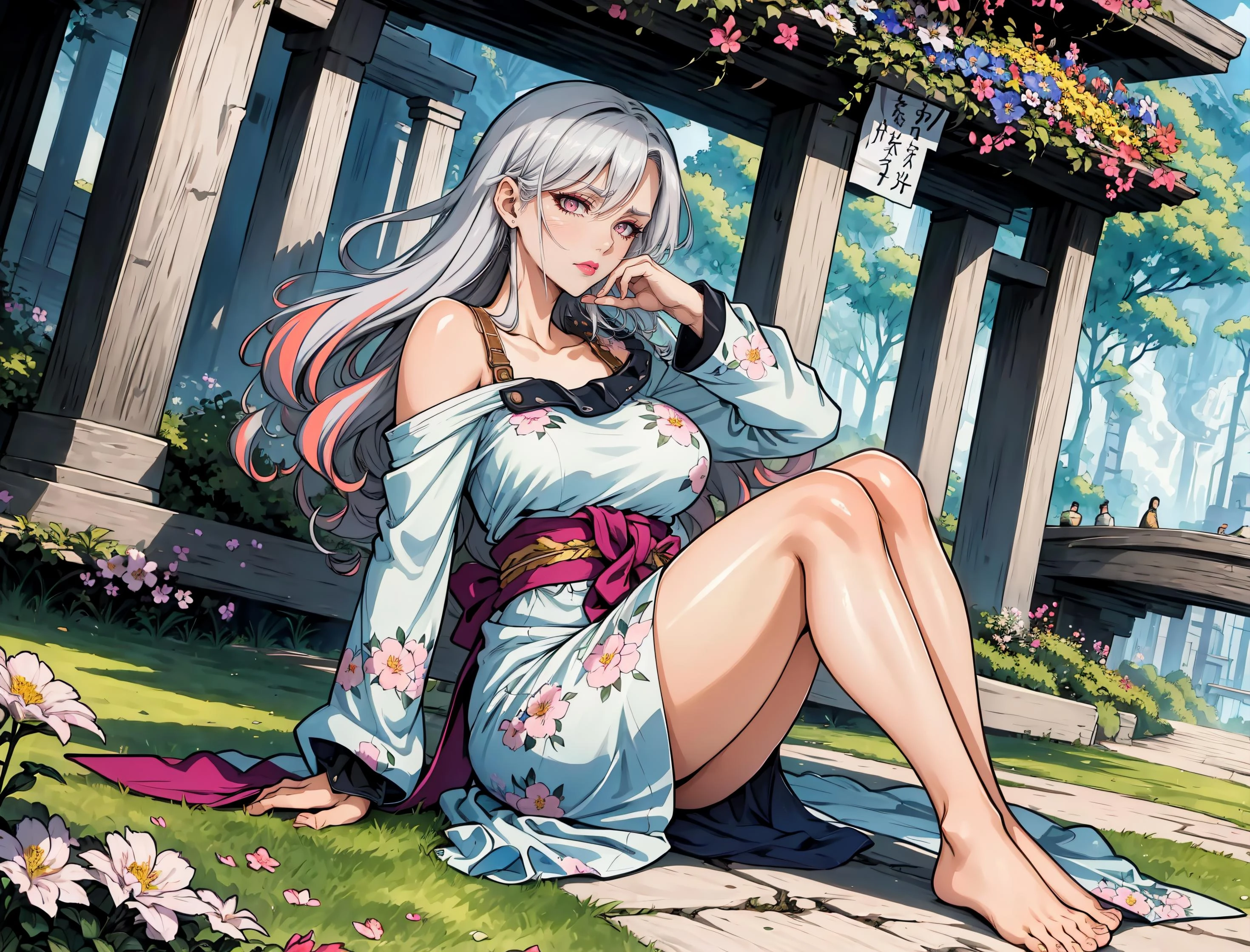 (Masterpiece, Best Quality), highres, (8k resolution wallpaper), (Traditional Media:1.2), dutch angle, Manga, upper, body, mature female, perfect face, (detailed face, detailed eyes), !, beautiful, perfect hand, outdoors, (details:1.2), spring, nature, flowers, dress, sharp focus, shadow, depth of field, volumetric lighting, sunlight, day, full body, focus face, extremely detailed background, fantastic, (((perfect hand))), hand on own face, head rest