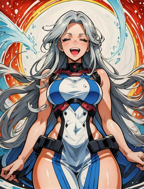 (Masterpiece, Best Quality), highres, (8k resolution), retro artstyle, 1980s \(style\), illustration, official art, (Traditional Media:1.2), ((2d)), Manga, (Ultra-detailed), 1girl, solo, beautiful, floating hair, perfect female figure, space, depth of field, laughing, giggling