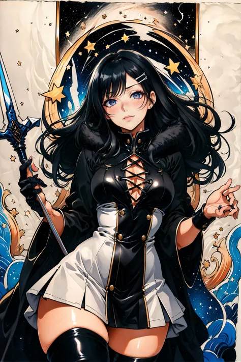 (Masterpiece, Best Quality), absurdres, (faux traditional Media:1.2), (8k resolution), (centered), illustration, (limited palette:0.6), (pastel colors), (Manga:1.2), (8k resolution), (ultra-detailed portrait), cinematic scene, centered, <lyco:MADGOD_STYLE16:0.75>, cowboy shot, nightmare world, 1girl, solo, looking at viewer, blush, naughty face, dynamic pose, hair ornament, thighhighs, (gradients), full body, black hair, sidelocks, ringlets, star (symbol), black gown, fur trim, thigh boots, mini crown, dark, villain pose, sharp focus, black footwear, (onyx staff:1.2), cross-laced footwear, holding staff, lace-up boots, vertical-striped thighhighs, starry sky print, constellation print, depth of field, (studio lighting:1.1), (((dark theme))), abyss