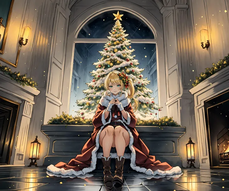 (Masterpiece), (Best Quality), (Ihafy style), Portrait, Ultra-detailed, official art, 1girl, solo, highres, soft lighting, 1girl, solo, (outline), fur-trimmed, (winter clothes:1.1), winter, snowing, (night, dark theme, dark room:1.2)), hatching \(texture\), (full body, sitting, on floor, perfect female figure:1.2), dynamic, relaxed pose, christmas, santa costume, long face, shiny, (powerful:1.2),  snow boots, fireplace, seductive smile, gradient eyes, [aura], light sparkles, gift, ^_^, closed mouth, full lips, expressive eyes, blonde hair, side ponytail, long hair, bangs, iridescent, (scenery), [landscape], (indoors:1.3), window, frost on window, dynamic, caustics, extremely detailed, textured, patterned, (intricate:1.2), depth of field, shadow, global illumination, [bloom], trim, octane render, various colors, gift box, (christmas tree), candlight, christmas decorations, (red and green theme), ((moody lighting)), ((glowing)), shimmer,, head wreath, ((nature)), (((floating particles))), perfect composition, ((scenery)), ((vooden floor))