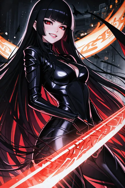 (Masterpiece, Best Quality:1.3), absurdres, (8k resolution), illustration, ((outline, thick lineart)), (faux traditional media:1.3), looking at viewer, nightmare queen, bat wings, black and red, dark theme, (standing), serious, tsurime, (mature female:1.2), adult, fighting stance, balancing, claws, metallic skin, (black sclera:1.2), ((evil smile)), (villain:1.2), (solo), (backlighting), (detailed face, detailed eyes:1.2), fashion, stylish, pitch black hair, (very long hair), reflection, long sidelocks, ((blunt bangs)), red eyes, (shiny), ((cowboy shot)), (details:1.2), (depth of field), (beautiful face), high quality, [ayami kojima:0.3], (extremely detailed), fantastic composition, (highly detailed), psychedelic, graphite \(medium\)