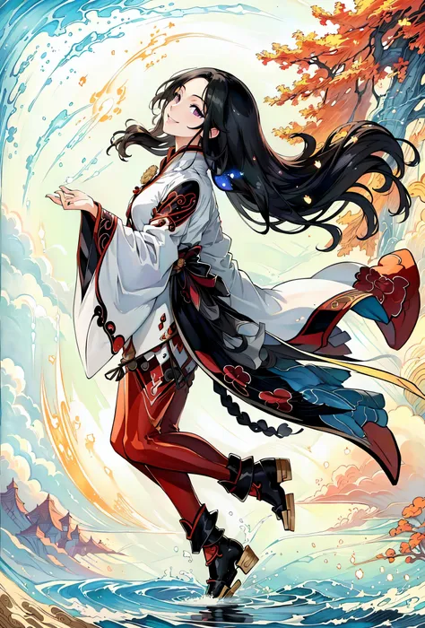 (Masterpiece, Best Quality:1.3), highres, 8k, highly detailed, 2d, centered, (faux traditional media:1.3), manga, illustration, <lora:HAN-18:0.75>, quju, from side, looking up, wind lift, floating particles, fantasy, smile, black hair, purple eyes, sleeves past wrists, full body, (Depth of field), perfect composition, film grain, dreamlike, corporeal