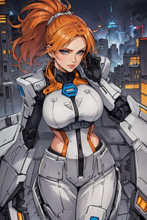 (masterpiece, best quality:1.4), highres, best illustration, (Traditional Media:1.2), Manga, 1980s \(style\), (dynamic_angle:1.2), (dynamic_pose:1.2), an adult woman dressed in a stylish cosplay outfit, fantasy, standing on a rooftop with a colorful tron world in the background, Ayako Rokkaku, anime visual, an anime drawing, retrofuturism, official art, concept art, sots art, 2d, solo, (retro artstyle), (ultra-detailed), (best quality, highest quality), (ultra detailed), (barbariank:1.3), (8k, 4k, intricate), (Cowboy-shot:1.2), from below, full body view, (50mm), (highly detailed:1.2), (detailed face:1.2), (tomanattsu:0.5), (outline), upper body, (adult), dragon (woman), aged up, (mature female:1.3), beautiful, robot, hand on face, Syracuse Orange hair, Prune eyes, (detailed deep eyes:1.2), light smile, [large breasts], (best shadow), gorgeous, ((lips)), long face, (nose), curvy, makeup, glossy lipstick, official alternate costume,< lora:90sAnimeAesthetic_v10:0.5>, <lora:gundamRX782OutfitStyle_v10:0.55>