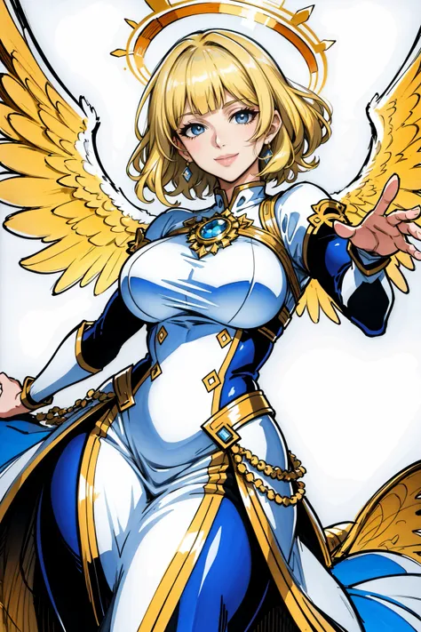 (Masterpiece, Best Quality:1.3), absurdres, (8k resolution), illustration, ((outline, thick lineart)), (faux traditional media:1.3), looking at viewer, heavenly queen, angel wings, white and gold, light theme, (standing), serious, tsurime, (mature female:1.2), adult, balancing, claws, metallic skin, soft skin, ((light smile)), (angelic, elegant:1.2), (solo), (backlighting), (detailed face, detailed eyes:1.2), fashion, stylish, pitch (blonde hair:1.3), (short hair), curls, (Soft lighting), reflection, long sidelocks, ((blunt bangs)), blue eyes, (shiny), ((cowboy shot)), (details:1.2), (depth of field), (beautiful face), high quality, [ayami kojima:0.3], (extremely detailed), fantastic composition, (highly detailed), psychedelic, graphite \(medium\), white background, cloud print, cloud, [bloom:0.4], ((((dynamic pose)))))