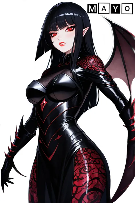 (Masterpiece, Best Quality:1.3), absurdres, (8k resolution), illustration, ((outline, thick lineart)), (faux traditional media:1.3), looking at viewer, nightmare queen, bat wings, black and red, dark theme, (standing), serious, tsurime, (mature female:1.2), adult, fighting stance, balancing, claws, metallic skin, (black sclera:1.2), ((evil smile)), (villain:1.2), (solo), (backlighting), (detailed face, detailed eyes:1.2), fashion, stylish, pitch black hair, (very long hair), reflection, long sidelocks, ((blunt bangs)), red eyes, (shiny), ((cowboy shot)), (details:1.2), (depth of field), (beautiful face), high quality, [ayami kojima:0.3], (extremely detailed), fantastic composition, (highly detailed), ((psychedelic)),graphite \(medium\)